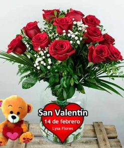 Mandar 12 rosas rojas con osito san valentin