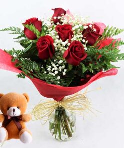 enviar 6 rosas rojas con osito peluche